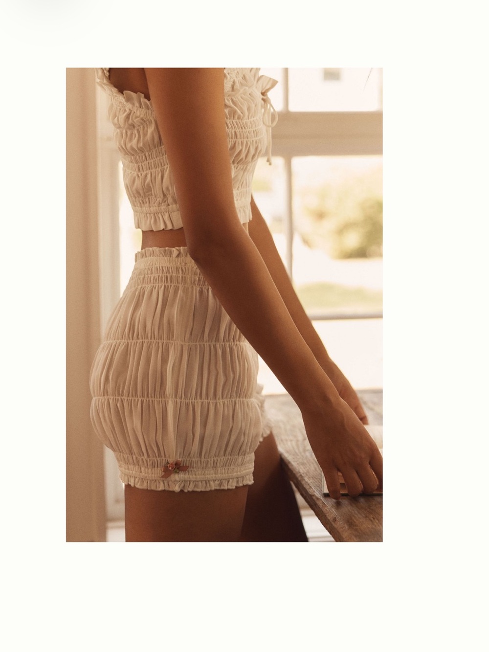 NWT Anthropologje Lyre Bird Two-Piece Ruched Top & Bloomer Short Set in Ivory S